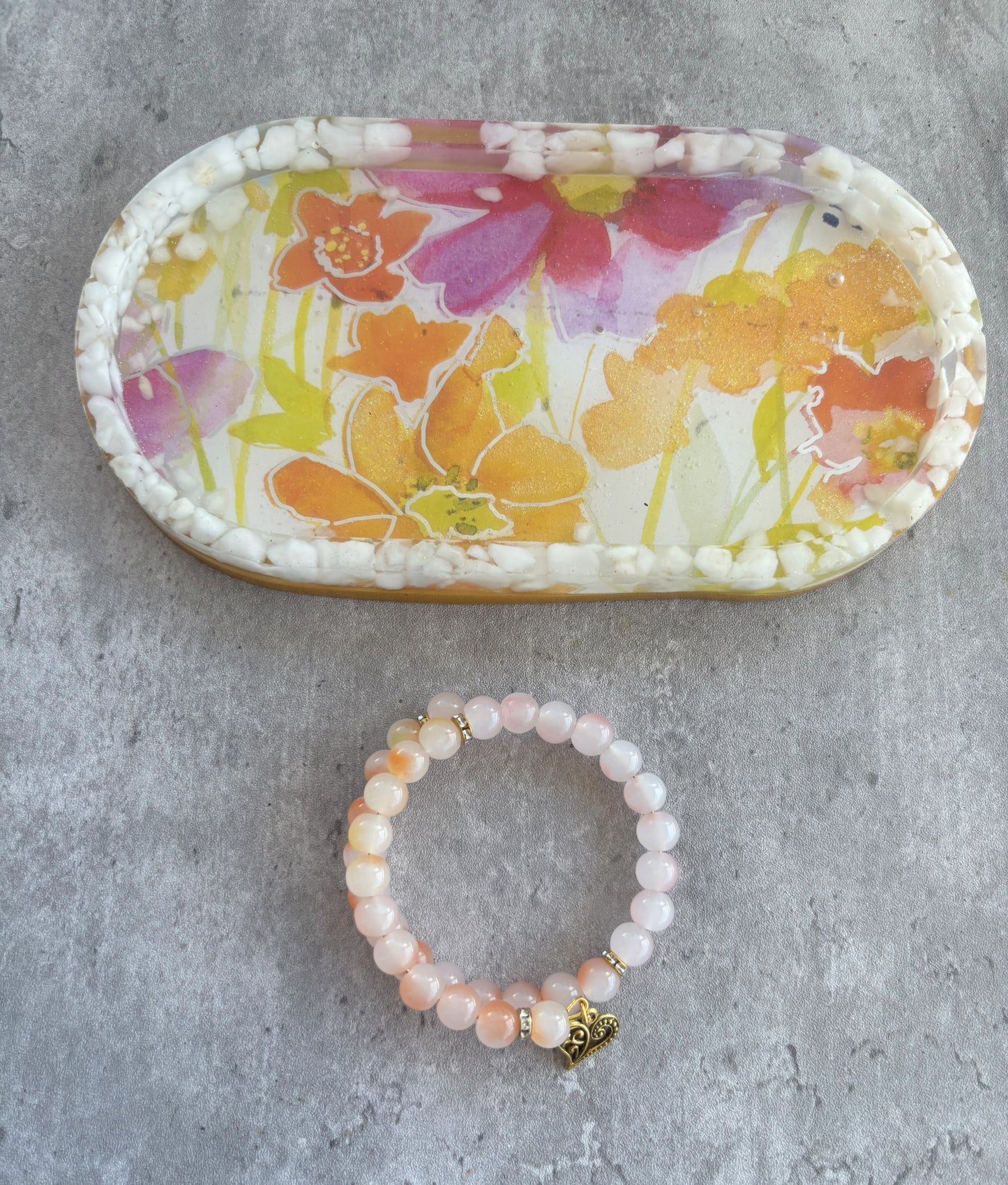 Floral Trinket Tray with Beaded Bracelet
