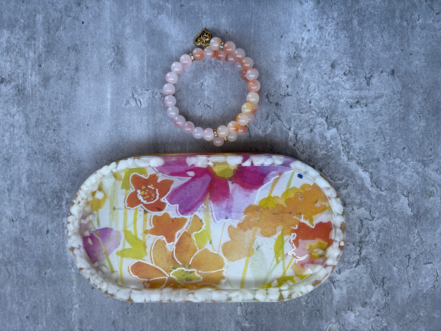 Floral Trinket Tray with Beaded Bracelet